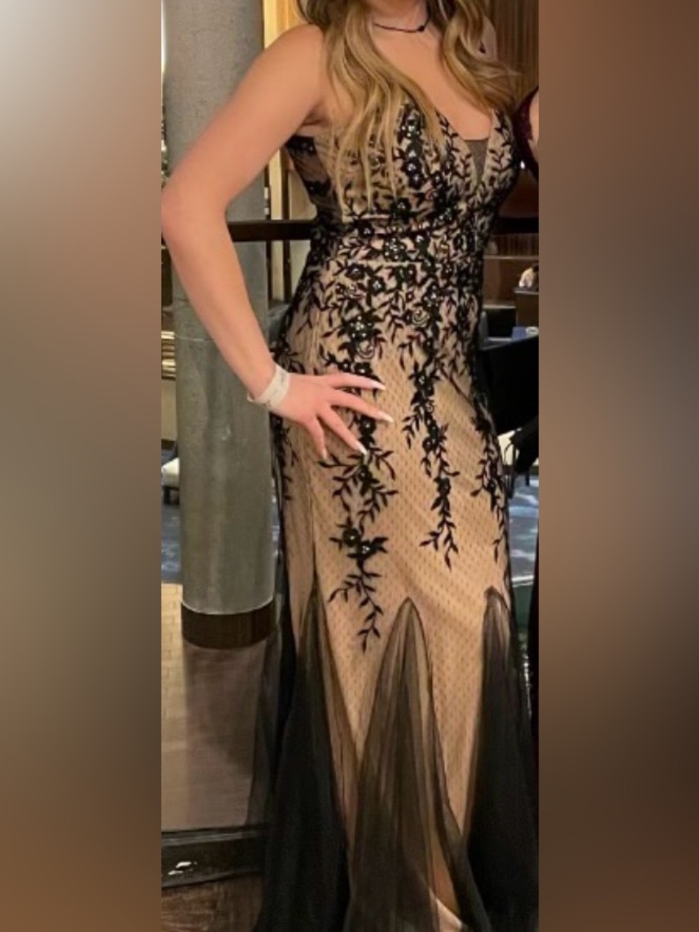 Sleeveless Black Embroidered Maxi Dress with Nude Lining